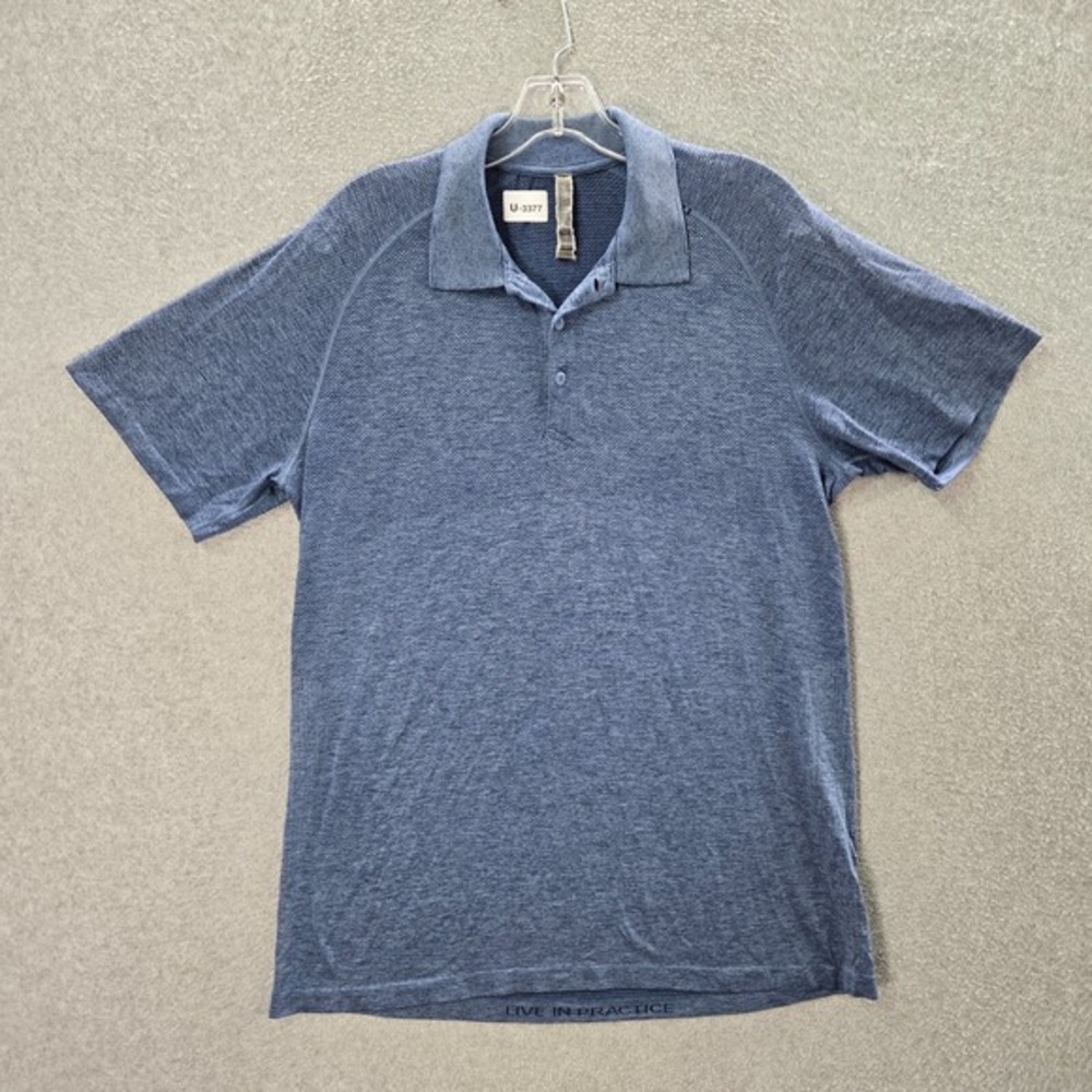 Lululemon Men Polo Shirt Large Blue Live In Practice Short Sleeve Collar